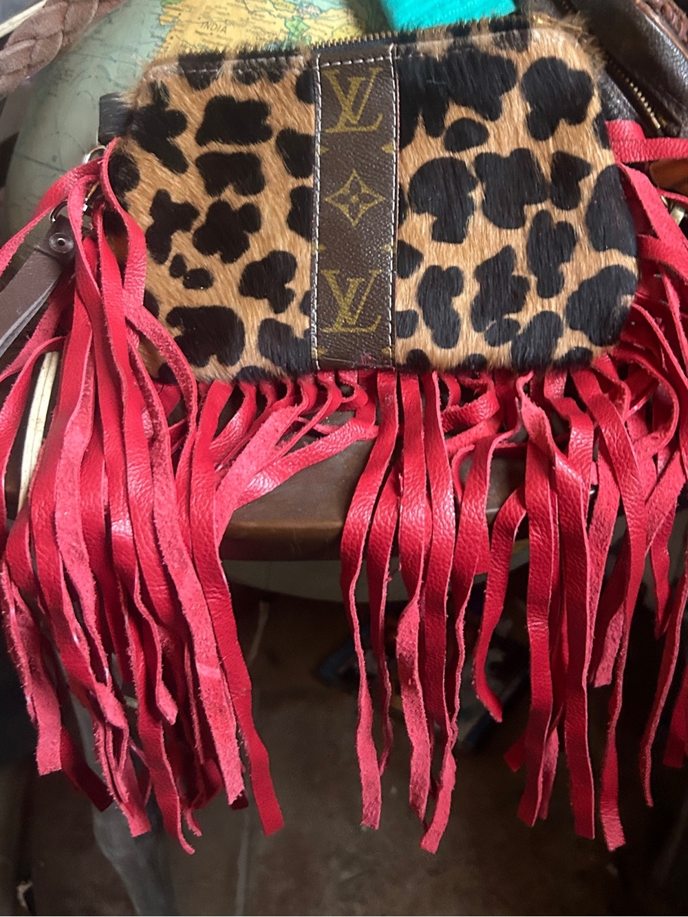 Repurposed vintage boho clutch Leopard Print with red fringe